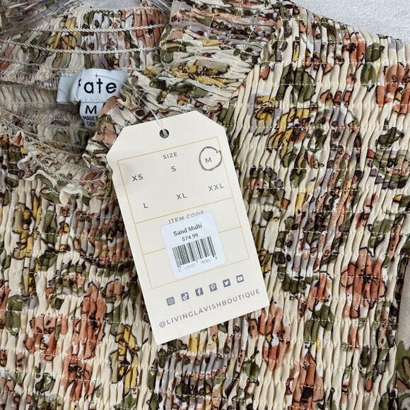 Fate Top Womens M Cream Floral Smocked Mock Neck Pullover Flowy Boho Cottage NWT - Picture 5 of 10